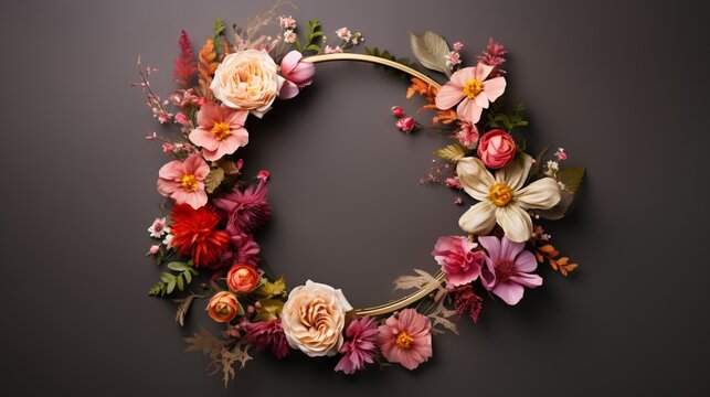 A botanical wreath with a gold outline and a colorful blossoms on it