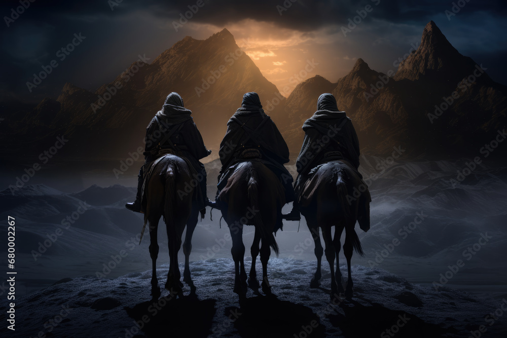 Poster christmas nativity story. three wise man on camels against star of bethlehem in night background. ch