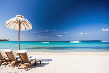 Fototapeta na wymiar Chairs on a beautiful beach on a nice day. Generative AI