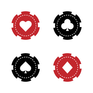 Casino chips set. Poker chip. Poker chips with different suits. Gambling concept. Black and red chips. Vector illustration in flat style