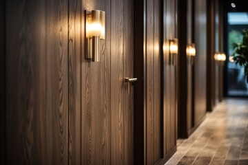 Close up of a wooden wall beside door of luxury hotel.