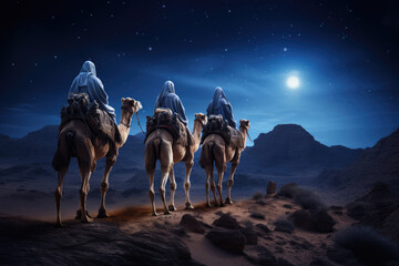 Christmas nativity story. Three wise man on camels against star of Bethlehem in night background....