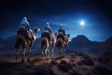 Foto op Plexiglas Christmas nativity story. Three wise man on camels against star of Bethlehem in night background. Christian Christmas concept. Birth of Jesus Christ, Salvation, Messiah, Emmanuel, God with us, hope © jchizhe