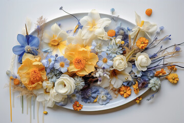 Flower arrangement on a round dish