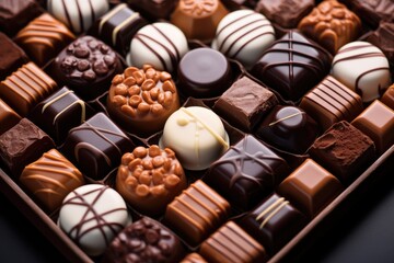 Many chocolates arranged on a table, Top view.