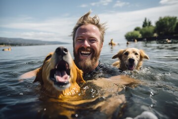 Man swimming with his dogs in the lake. Happy man having fun with golden retriever. - obrazy, fototapety, plakaty
