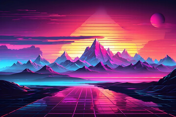 illustration of neon landscape with mountains and sun