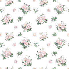 Ligth pink roses seamless pattern. Ligth cream roses arrangement. collection garden flowers and leaves. watercolor hand painting illustration on isolate background. For wedding invitations