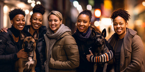 black friends smiling with a dog, quality photography, image sharp/in-focus image, shot with a canon eos 5d mark iv dslr camera, with an ef 80mm f/25 stm lens, iso 50, shutter speed of 1/8000 second - obrazy, fototapety, plakaty