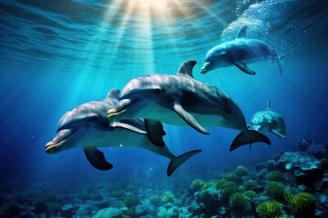 Fototapeta premium Group of dolphins under the sea., Undersea animals.