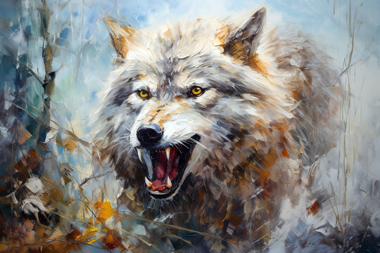 Image of oil painting of an angry wolf in the forest., Wildlife Animals.