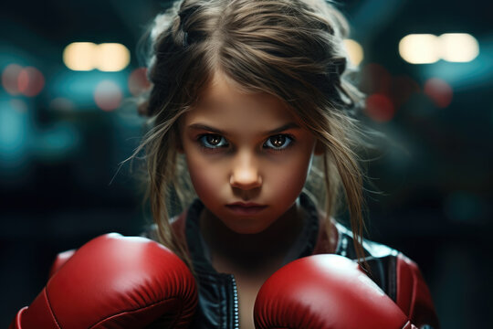 A focused little girl boxer, Gloves raised defensively, Eyes scanning her opponent, embodying readiness and anticipation.
