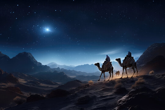 Christmas nativity story. Three wise man on camels against star of Bethlehem in night background. Christian Christmas concept. Birth of Jesus Christ, Salvation, Messiah, Emmanuel, God with us, hope - Powered by Adobe