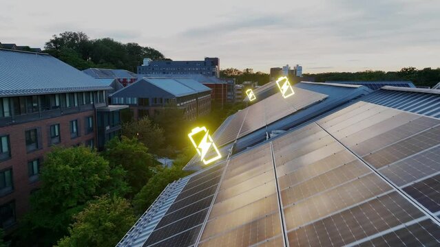 Solar panels with glowing battery icons. Aerial shot above solar array collecting sunlight as clean and renewable energy. 3D animation, VFX.