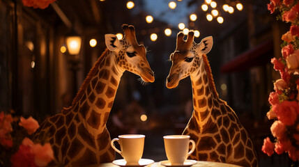 Happy valentine's day. A couple of lovers giraffes on a romantic date in cafe. Romantic postcard, card. Generative AI - obrazy, fototapety, plakaty