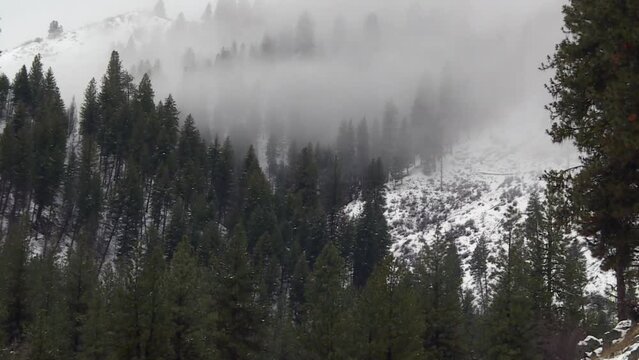 Gloomy Atmosphere Of Forest Mountains During Winter In Boise National Forest, Idaho, USA. Aerial Forward Shot
