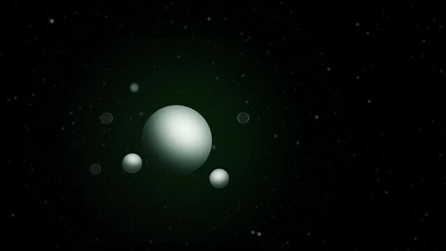 White planet sphere moving in space with 4 moons orbiting around its axis and approaching in front of the camera. 3D seamless loop animation with green glow haze and stars in the background