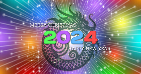 Vector festive cosmic starry bright radiant colored glowing banner. Merry Christmas, Happy New Year 2024. Shadow of the Chinese dragon. 3D date. Congratulations postcard.