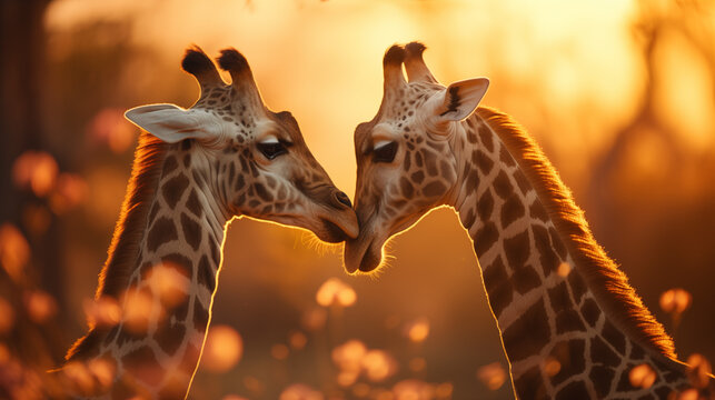 Happy valentine's day. A couple of lovers giraffes on a romantic date. Romantic postcard, card. Generative AI