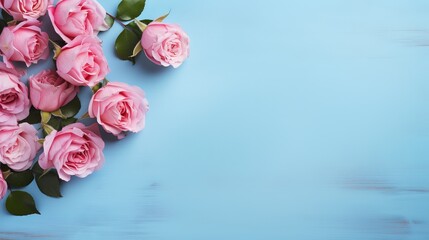 Obraz na płótnie Canvas Outline with pink roses on blue foundation
