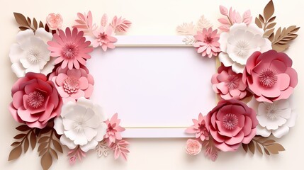 A paper frame with pink and white blooms on it