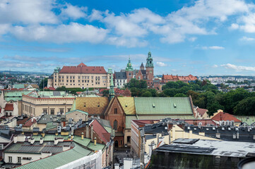 Krakow city center with Wawel castle from above in Krakow, Poland