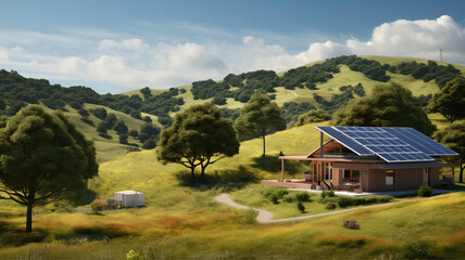 Eco-Friendly Home with Solar Panels in Pastoral Landscape. Generative AI