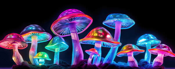 Multicolored hallucinogenic mushrooms on black background - obrazy, fototapety, plakaty