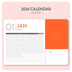 Creative minimal business monthly 2024 Calendar template vector. Desk, wall calendar for print, digital calendar or planner. Week start on Monday. Annual calendar layout design elements. January. - obrazy, fototapety, plakaty