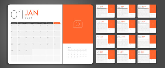2024 Creative minimal business monthly Calendar template vector. Desk, wall calendar for print, digital calendar or planner. Week start on Monday. Simple modern annual calendar layout design elements.