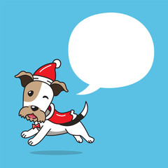 Cartoon wire fox terrier dog with christmas costume and speech bubble for design.