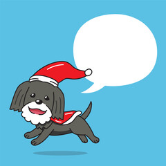 Cartoon black dog with christmas costume and speech bubble for design.