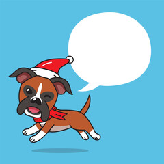 Cartoon boxer dog with christmas costume and speech bubble for design.