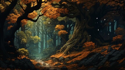 Thick forest with a prominent tree, leaves dancing in the wind