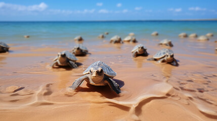 Fototapeta na wymiar Large number of baby turtles emerge from nest making