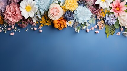 Colorful blooms outline on blue foundation - obrazy, fototapety, plakaty