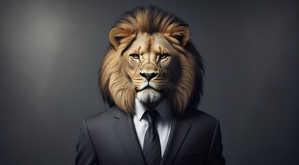 A business man on a suit with lion as a head on a dark background from Generative AI
