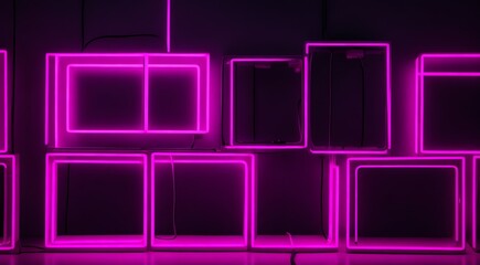  Squares of pink neon lights on a dark room background from Generative AI