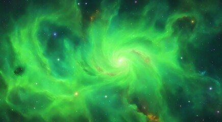 Vibrant and abstract cosmic nebula in space background with light green swirling colors from...