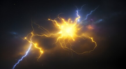Yellow electric thunder with sparks and embers on dark outer space cosmos background from...