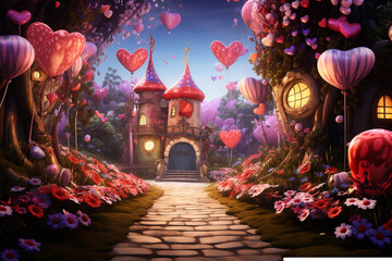 Valentine day celebration concept. oversized flowers, floating hearts, decorations, creating a fantastical atmosphere of celebration and love.