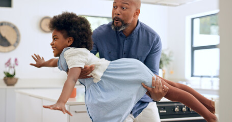 Child, dad and happy with airplane game in kitchen, freedom and fun with love bonding in home. Black family, playing and fantasy flying with arms in air, young daughter and trust together in house - obrazy, fototapety, plakaty
