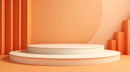Cream, beige, and orange cylinder pedestal podium with a realistic set of steps in an abstract three-dimensional interior. 