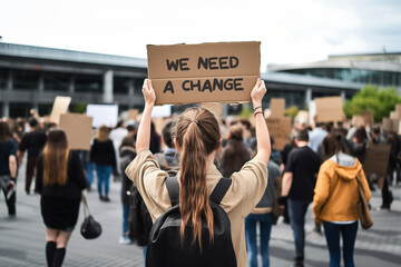 Girl holding "we need a change" sign at demonstration