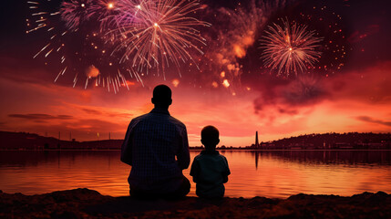 Silhouette of father and son watching a fireworks festival, generative ai