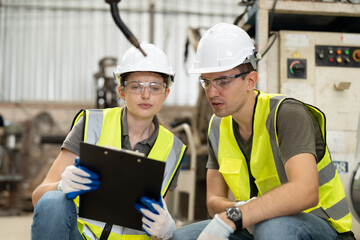 Male and female automation engineer wear vest and helmet safety holding clipboard checking and...