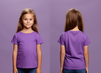 Front and back views of a little girl wearing a purple T-shirt