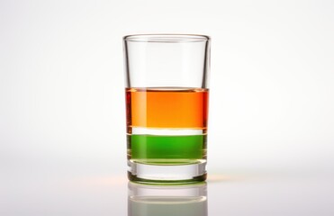 Vibrant Indian flag-inspired shot glass with tri-color essence, showcased against a pure white backdrop