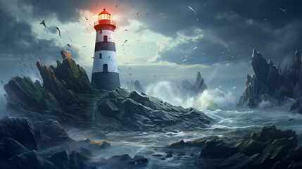 Lighthouse on a rocky island with raging rocks.