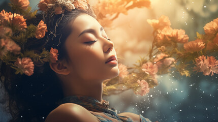 serene Asian woman surrounded by nature, embodying tranquility and harmony - obrazy, fototapety, plakaty